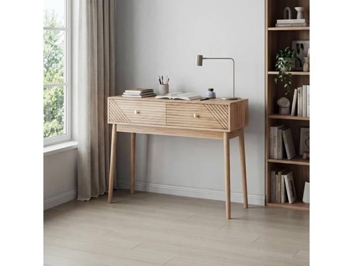 Table Console Bureau Style Mid-Century avec 2 Tiroirs Incurvés Chic Table d'Entrée Vintage MDF et Pin - 100x35x80 cm - Chêne