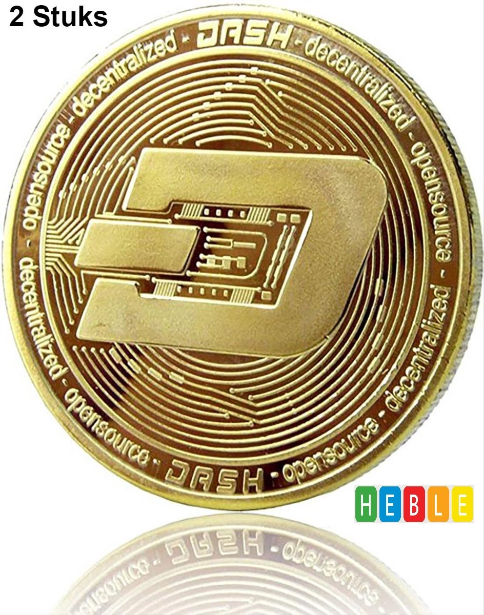 2x Dash Crypto-Token DSH Goudkleurige Bitcoin & Dash Coins van Heble® voor volwassenen