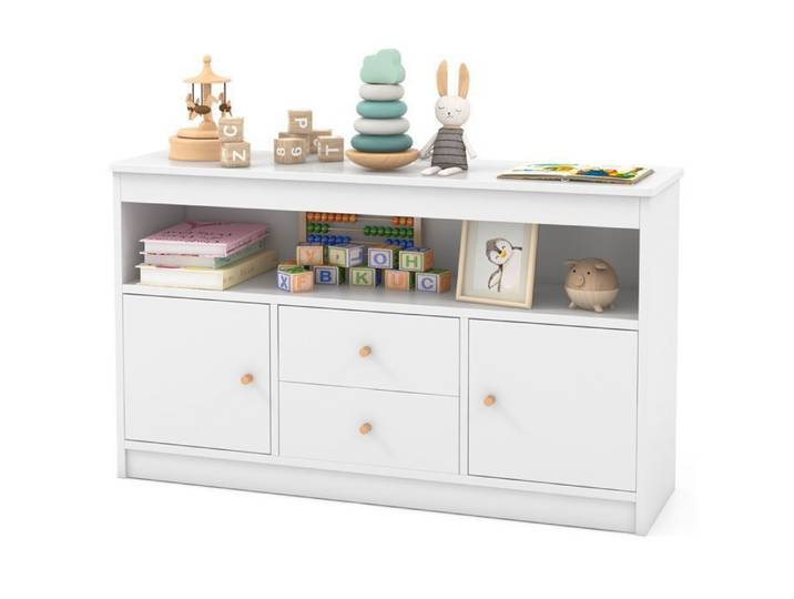 GOPLUS Etagère de Rangement de Jouets pour Enfants-2 Tiroirs 2 Armoires Fermées 1 Compartiment Ouvert 106x30x62CM Blanc