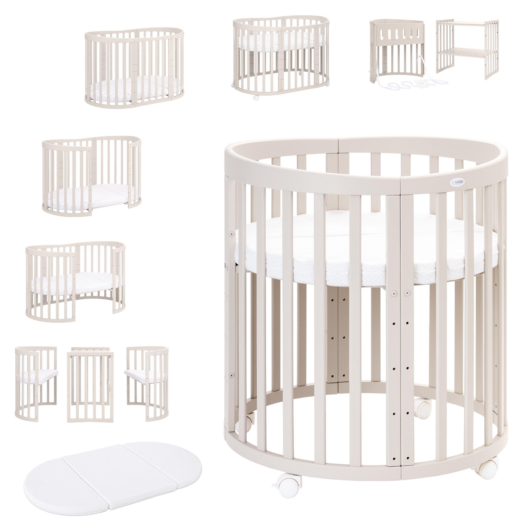 Waldin Babybett Oval 7in1 mitwachsend, Beistellbett, Matratze, Rollen, Buche, Kaschmir
