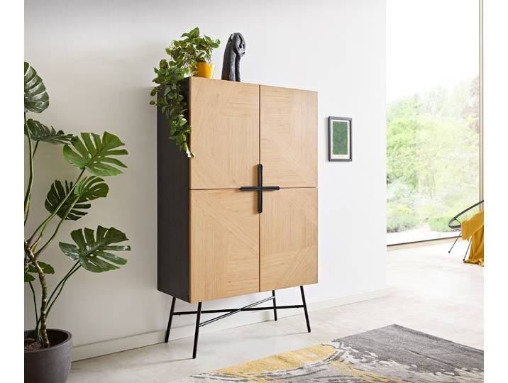 Highboard Mikkusu 90x150 cm Bambus Natur Mango Schwarz 4 Türen Metall Schwarz, Highboards