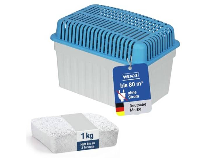 WENKO Feuchtigkeitskiller mit 1 kg Granulatblock, Raumentfeuchter, fasst bis zu 1,4 Liter Feuchtigkeit, laborgeprüft, nachfüllbar, reduziert Schimmel & Gerüche, 24 x 16 x 15 cm, Grau / Blau