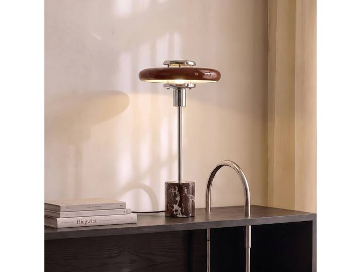 Lampe à poser Branford, bordeaux, verre/marbre, style rétro – Lindby - Salon / séjour - Vintage / rétro - À ampoule unique