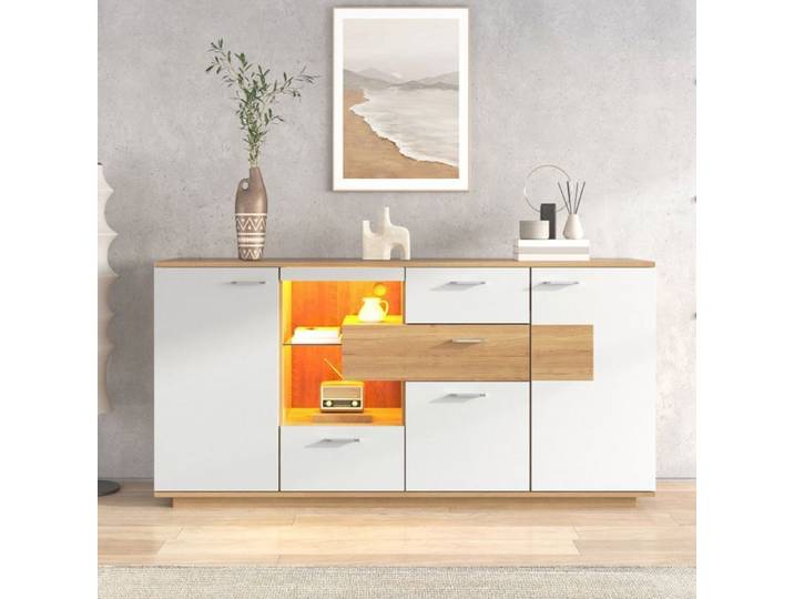 Buffet bas - SOGEU - Contemporain - Éclairage LED - 2 portes 4 tiroirs - 160x40x77 cm