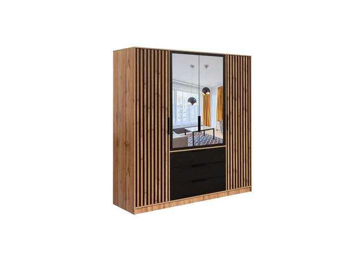 Masseno Drehtürenschrank GAREN 196/200/57,5cm 4-türig mit Spiegel Eiche Wotan