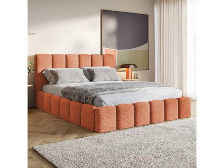 MOTIVENA Nunu Bubble Bett 160x200 Orange Boucle, mit Stauraum, mit Kopfteil, mit Lattenrost, ohne Füße, ohne Matratze, Bubble Polsterbett 160x200 mit Bettkasten Orange