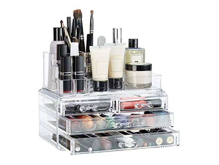 Relaxdays Organisateur cosmétiques 2 parties boîte rangement 4 tiroirs maquillage Make up\, transparent