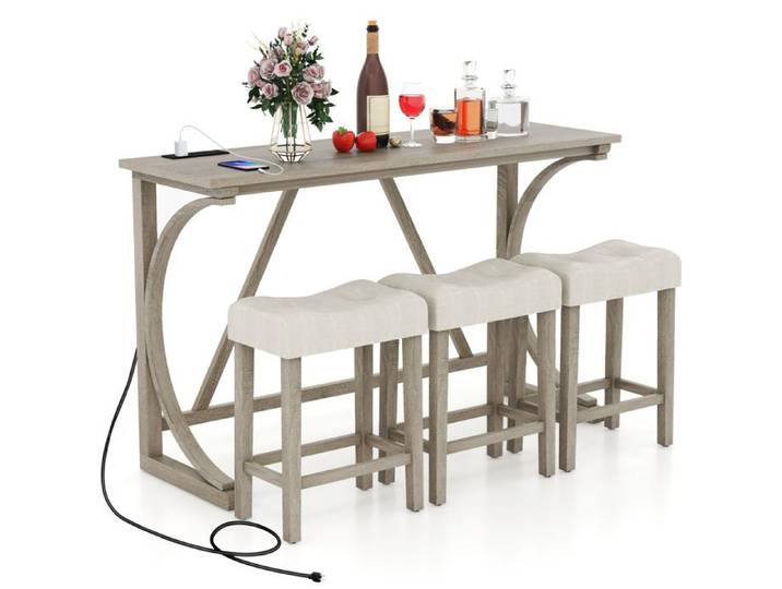 COSTWAY Ensemble de Table de Bar 4 Pièces avec Prise de Courant - 3 Tabourets Rembourrés - à Hauteur de Comptoir - 3 Personnes