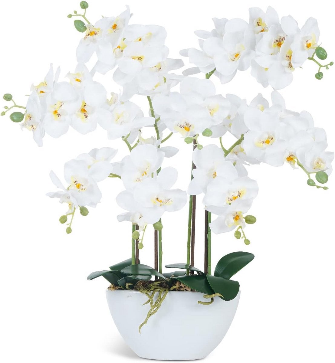 Elegante kunstmatige witte orchidee in een keramische pot voor decoratie van tafel en kantoor