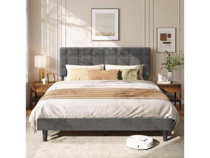 VASAGLE Bettgestell 160 x 200 cm, Polsterbett mit Kopfteil Metallbett 160 x 200 cm, Holzlatten, Geräuschlos, Schlafzimmer, Schiefergrau, MAZEY Kollektion RMB185G101
