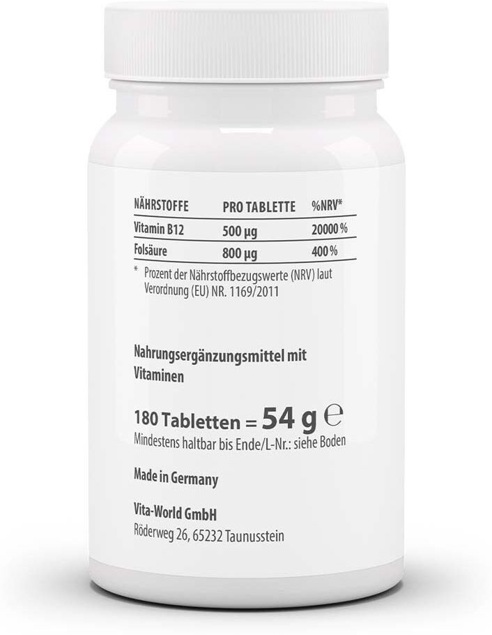 vitaworld Vitamin B12 500 µg+Folsäure 800 µg Tabletten 180 St