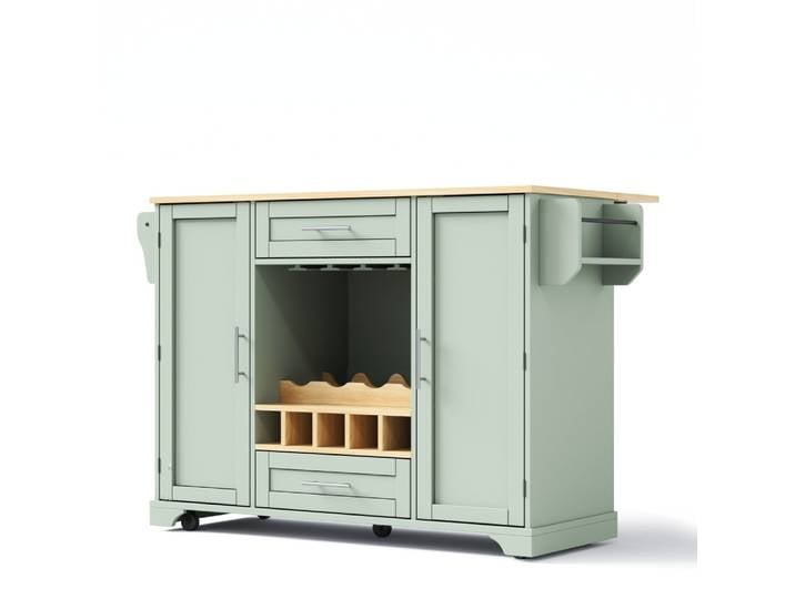 Chariot îlot de cuisine vert pastel extensible, range-bouteilles