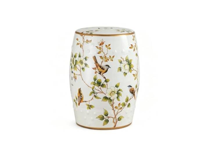 LGHQGHXF Keramik-Gartenhocker, Handbemalter Dekorativer Trommel-Akzenttisch for Den Innen- Und Außenbereich, Bemalte Glasur, Beistelltisch for Terrasse, Wohnzimmer, Schlafzimmer, Balkon(White)