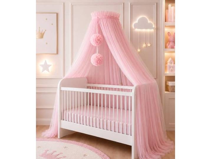Baby Fancyroom Betthimmel für Babybett, Prinzessin Babywiege, Moskitonetz, Beistellbett Himmel, Babyzimmer Deko, Baldachin Premium Tüll (Rosa, Betthimmel mit Bommel)