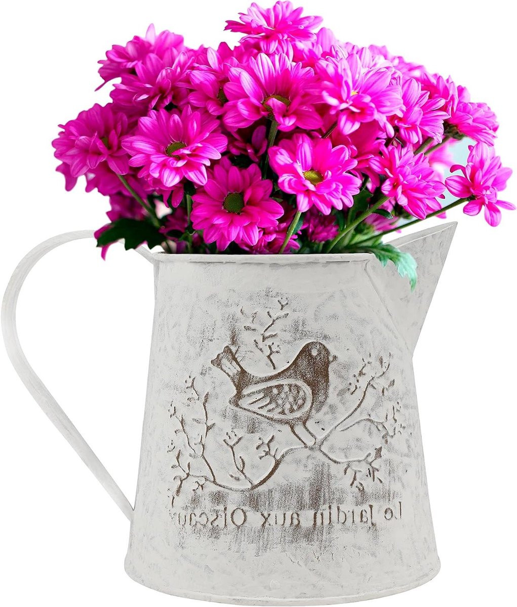 Decoratieve Metalen Bloemenvaas Pitcher met Rustiek Vogel Design, Hoogte: 13 cm
