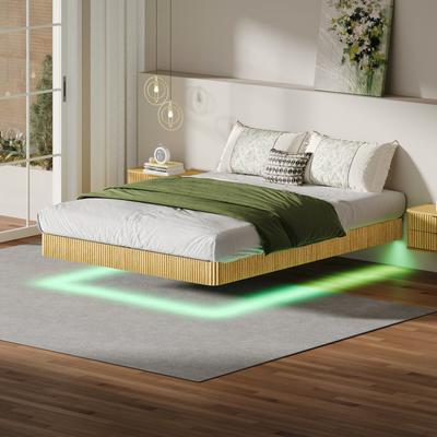 GDFStudio GDF Studio - Bayard Walnut Floating Bed Frame with LED Lights, Wave Curve Wood Texture & Metal Slats