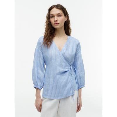 Wickelbluse TOMMY HILFIGER "SUMMER LINEN WRAP TIE BLOUSE", Damen, Gr. 42, blau (blau khaki stripe), Web, Obermaterial: 100% Leinen, gestreift, normal, V-Ausschnitt, Blusen, Leinen