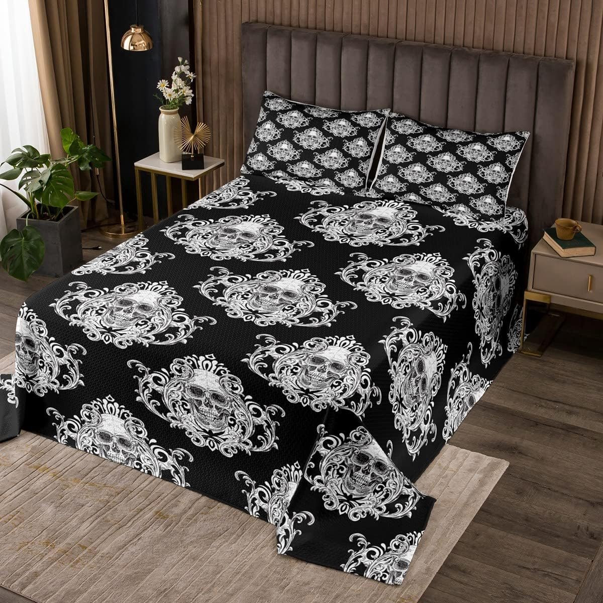 Gothic Doodskop Dekbedovertrek Set met Kussensloop, Wit met Bloemenprint, 170 x 210 cm