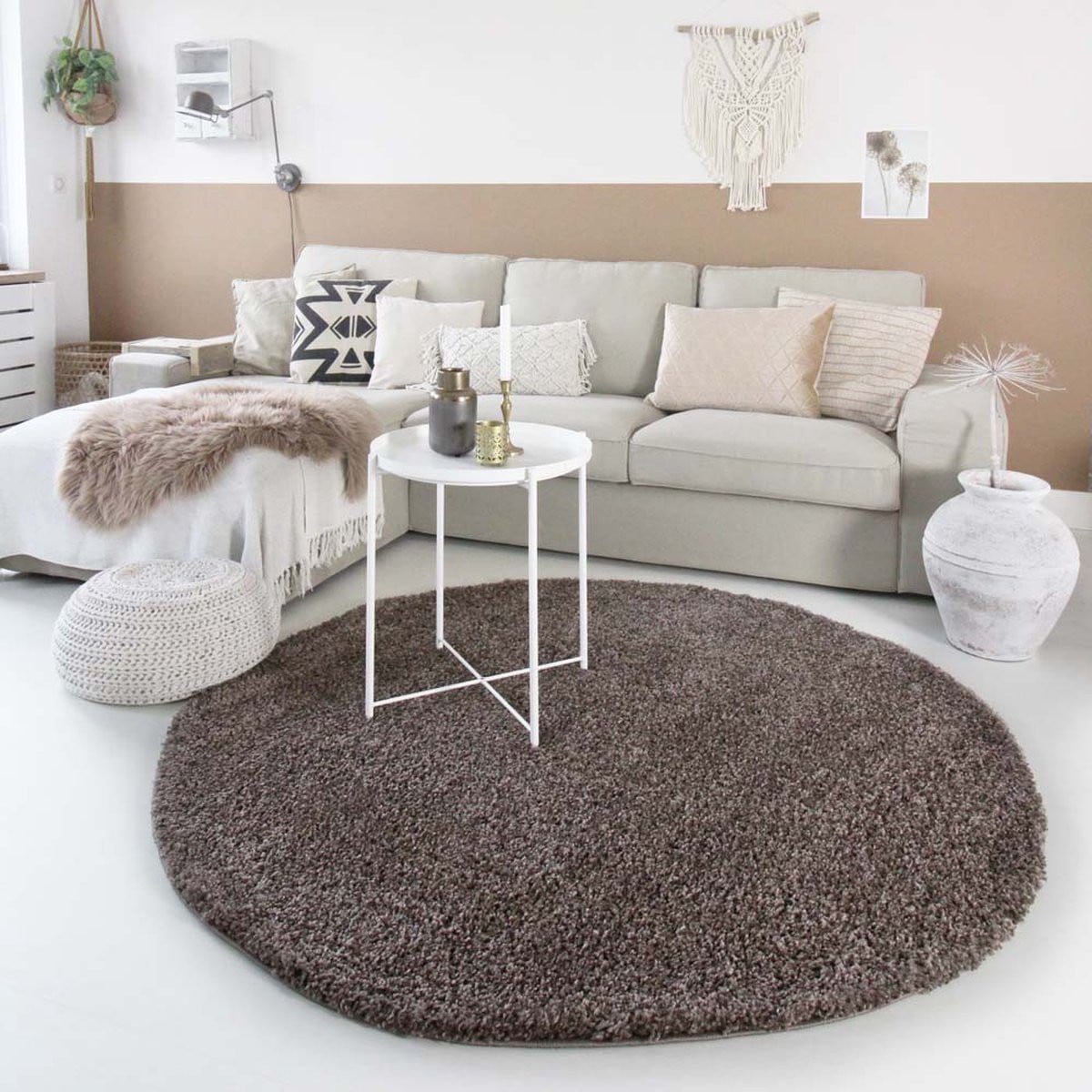 Rond hoogpolig vloerkleed Shaggy Trend taupe