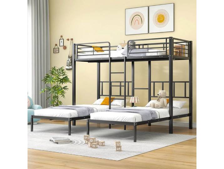 Lit triple Lit triple avec escalier pour enfants et adolescents lit en fer avec grille parachute et table noir 90x200cm*3