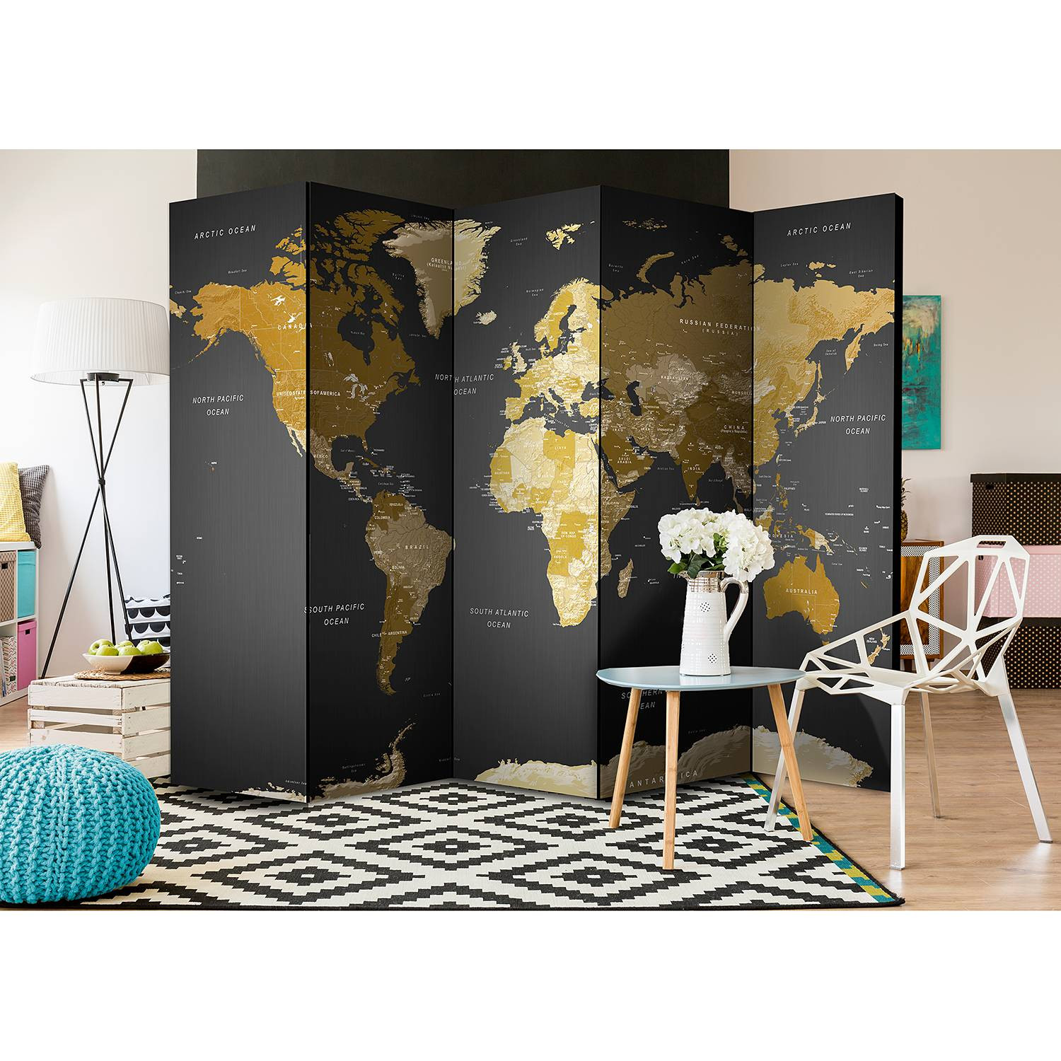 home24 Kamerscherm World Map op donkere achtergrond, Bruin/Multicolor, B: 225 cm, H: 172 cm, D: 3 cm