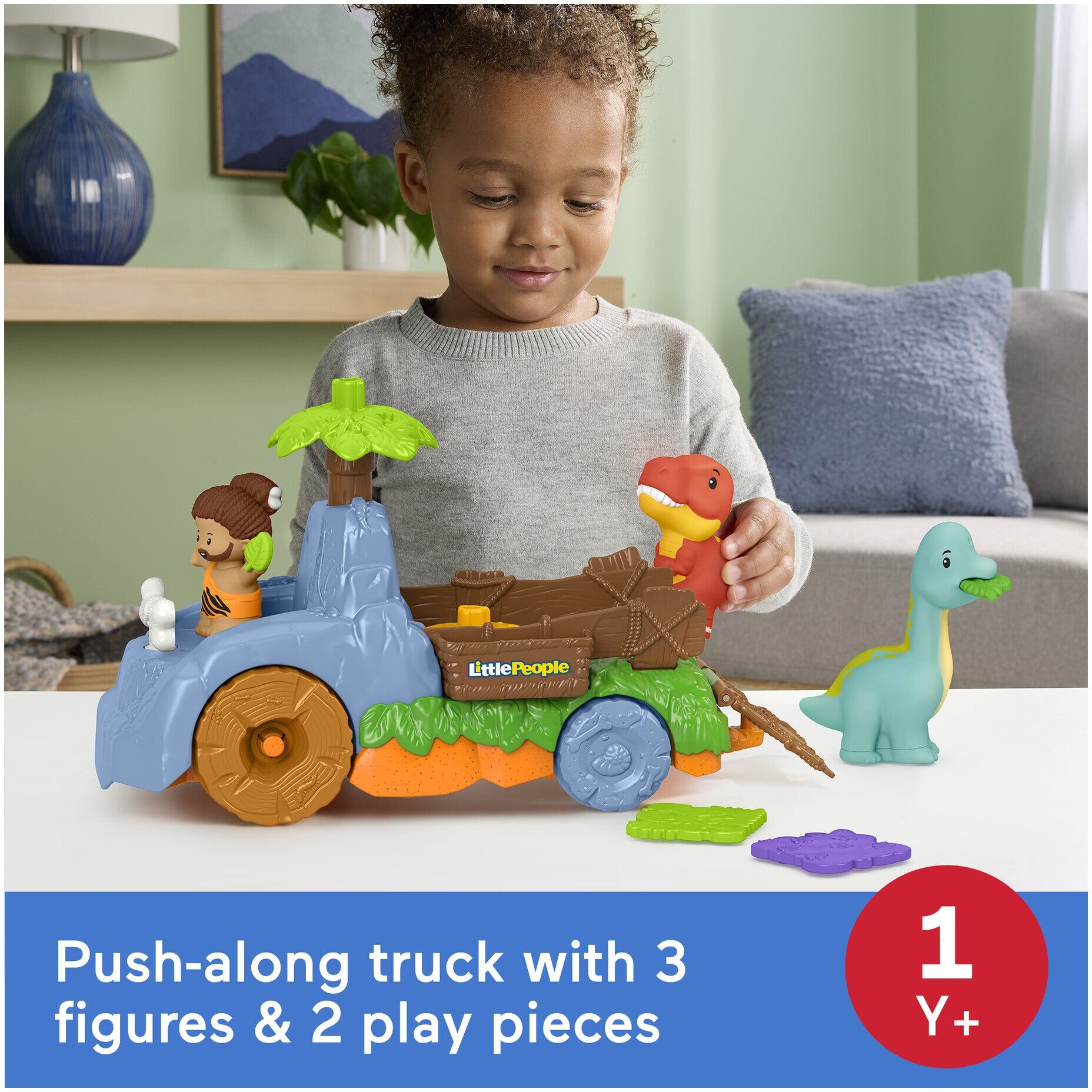 Mattel Fisher-Price Little People Dino Wobble Truck Dinosaur Toy Set for Toddlers - Push-Alongs with Bouncing Wobble Action - Ages 1-3