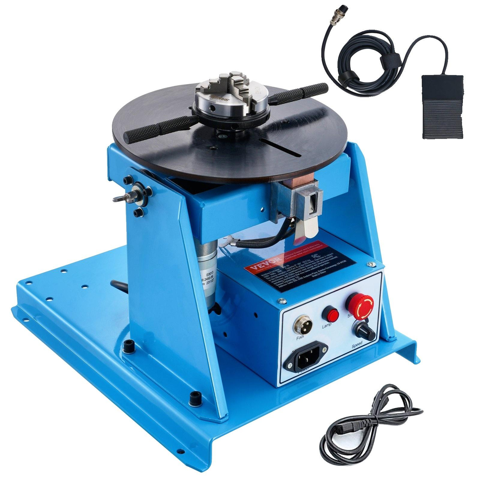 Vevor Lasdraaitafel K01-63, Blauw, RVS, 20W, 1-12 RPM, Draaitafel met 0-90° Kantelhoek en Drieklauw voor Snijden, Slijpen en Monteren