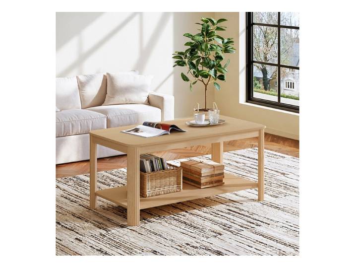 Fine Life Pro Couchtisch Hölzerner Couchtisch, doppelstöckig, offener Stauraum, 100x50x45 cm, Naturholzfarbe, Wohnzimmer, Dekoration