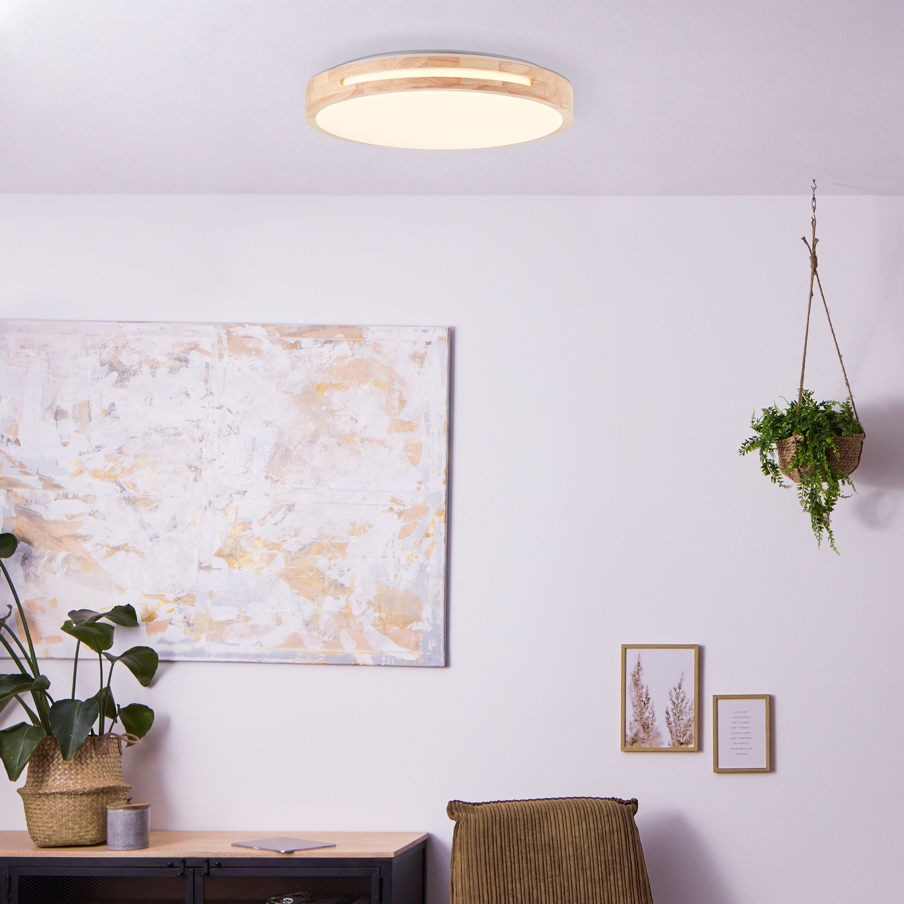BRILLIANT LED Deckenleuchte "Woodbury", weiß (holzfarben hell, weiß), 1, Ø 39cm H: 7,5cm, 1 Stk., Leuchten, Mit Holzrahmen, Ø 39 cm, 2100 lm, 2700 K, Holz/Kunststoff, LED Deckenleuchte