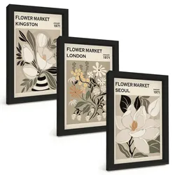 BILDER SET 3er Set - 20x30 cm Schwarzer Rahmen - Retro-Blumen aus Städten rund um die Welt