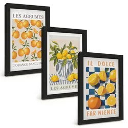 BILDER SET 3er Set - 20x30 cm Schwarzer Rahmen - Retro gelbe Zitrusfrüchte