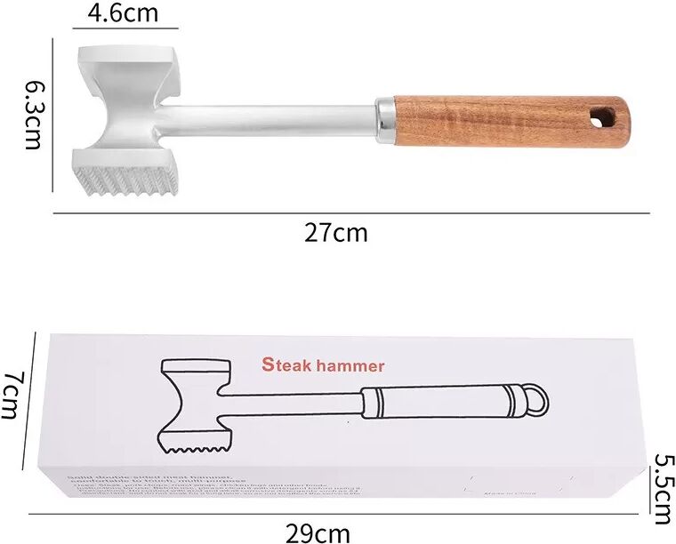 INF Aluminium Fleischklopfer mit Akazienholzgriff - Doppelseitiger Hammer für Steak, Schweinefleisch und mehr