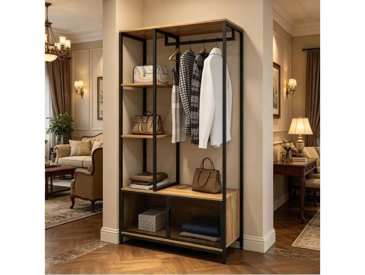 Meuble d'entrée vestiaire ouvert avec penderie et rangement métal MDF noir bois clair JOINERY