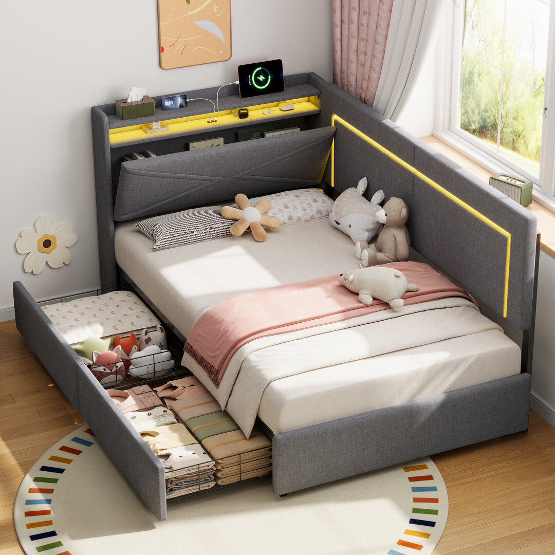 Brayden Studio Upholstered Single (3') Linen Drawers Daybed Grey 102cm H X 204cm W X 101cm L