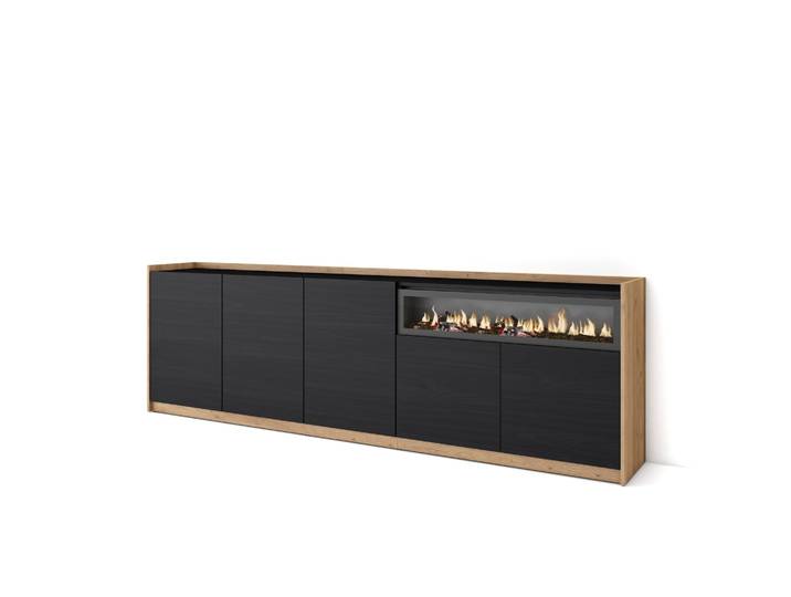Skraut Home - Buffet Salon Et Cuisine\, Commode\, 260x37x80cm\, 5 Portes\, Cheminée Électrique\, Noir Et Chêne