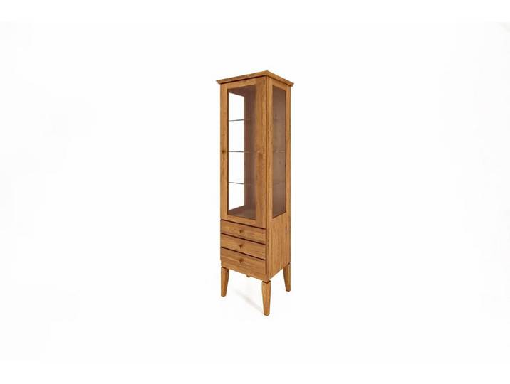 Natur24 Vitrine Vitrine Sydo Wildeiche 50x45x180cm 1 Tür 3 Schubladen Glas Holzbeine