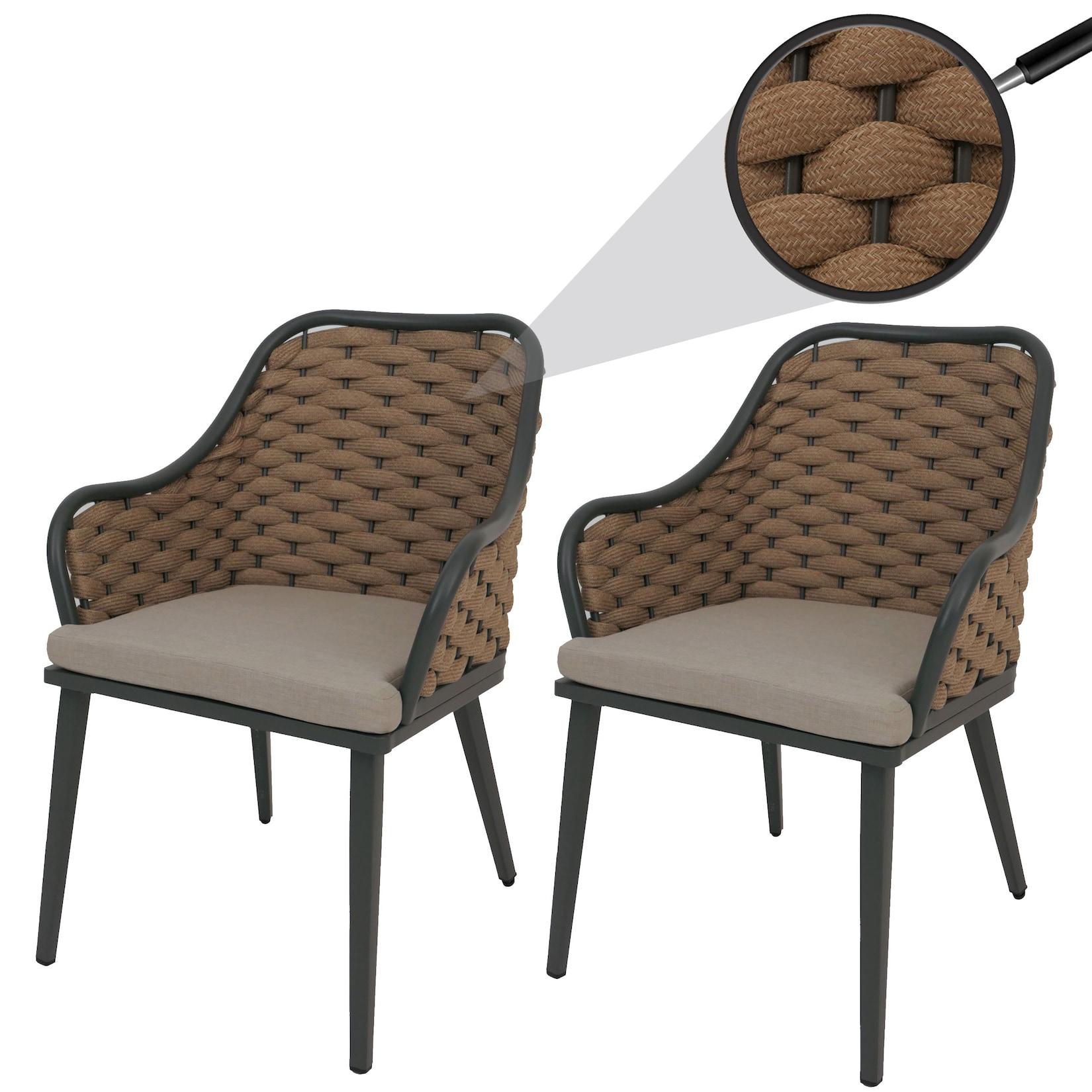 2er-Set Stuhl MCW-O16, Outdoor Stuhl Armlehne, Olefin Seilgeflecht Rope ~ beige Kissen hellbraun