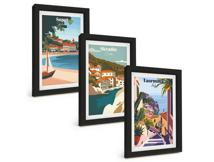 Tulup Bilder SET 3er Set - 20x30 cm Schwarzer Rahmen - Illustrationen von Küstenstädten, Kunststoff, Rechteckig, 20x30 cm, gerahmt, Bilder & Rahmen, Bilder