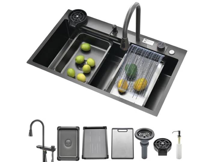 YINXSLO Wasserfall Küchenspüle schwarz Edelstahl Workstation Spüle Einzelbecken Große 3-in-1 Moderne multifunktionale Küchenspüle Kit zum Waschen, Abtropfen & Schneiden