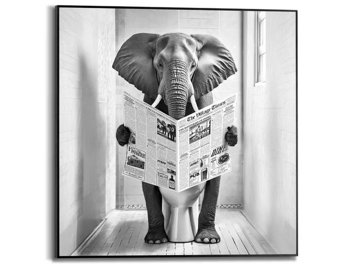 Poster REINDERS Elephant Toilet , schwarz-weiss (farbe bild(er): schwarz, weiß), B:50cm H:50cm T:1,6cm, Bilder, Poster, Toilette - WC - Zeitung - Schwarz-Weiss - MDF - Tiere - 50x50 cm