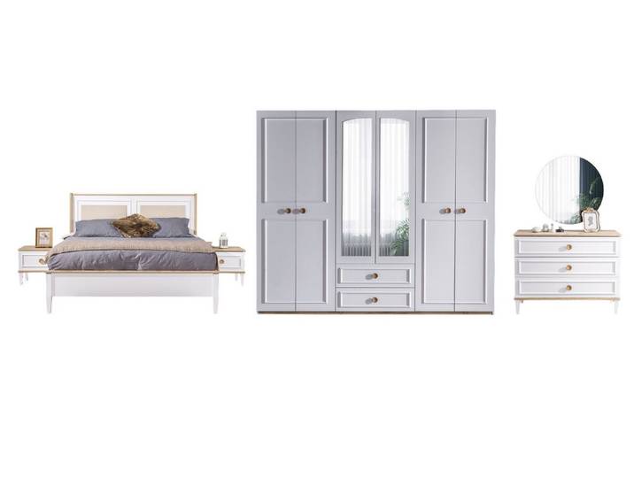 Villa Möbel Schlafzimmer-Set Afrin, (Schlafzimmer-Set, 5-tlg., Bett mit Kopfteil, 2 Nachttische, Kleiderschrank und Kommode), Bett Schrank Kommode mit Spiegel Stauraum und edler Optik