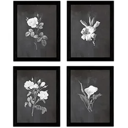 POSTER Set mit 4 Botanische Schwarz Hintergrund helle Blumen A4 Rahmenlos