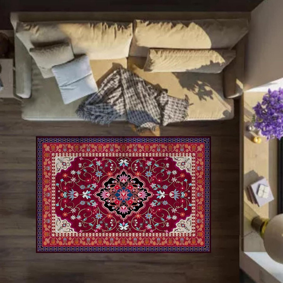 Ovaal Vloerkleed met Bloemenmotief - Rood - Wasbaar en Antislip