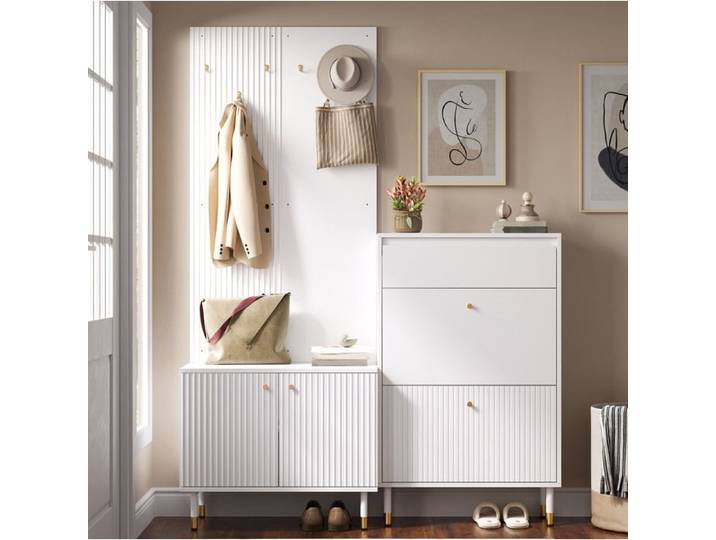 Meuble d'entrée modulaire blanc avec penderie rangement chaussures armoire 2 portes tiroir crochets métalliques JOINERY