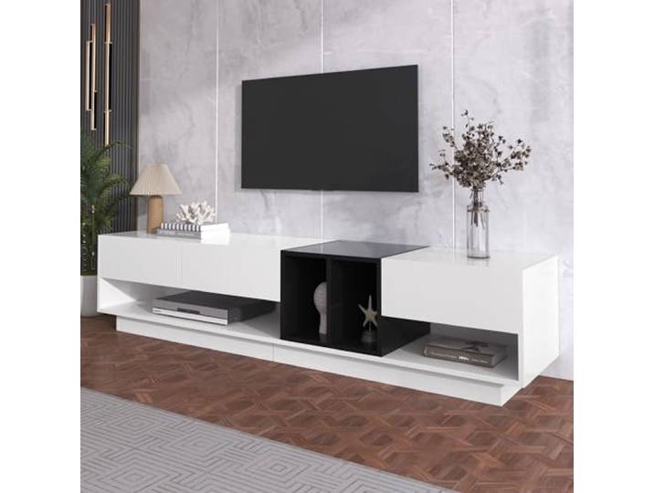 Merax TV-Schrank, Lowboard,Fernsehschrank,TV Tisch,Modernes Design mit Schubladen und Fächern190x40x42 cm Hochglanz-Weiß und Schwarz A