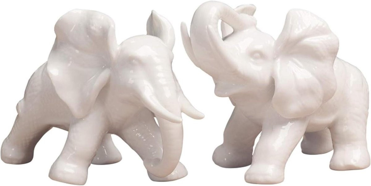 Set van 2 handgemaakte keramische olifant beeldjes als gelukssymbolen voor woondecoratie - Grijs