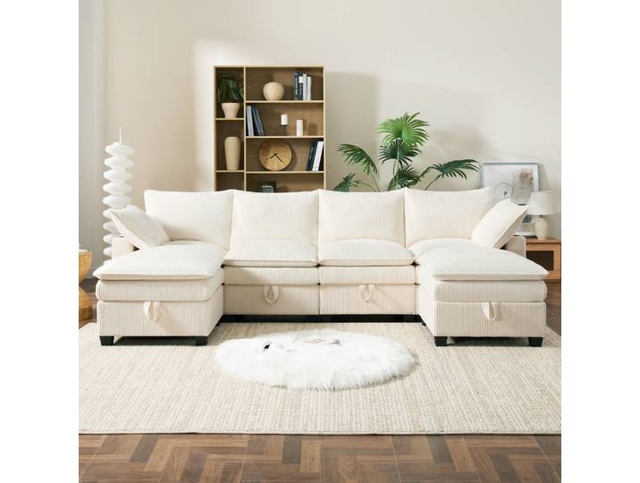 Canapé moderne en forme de L avec fixation par cordon, repose-pieds amovible, ports USB, compartiments de rangement et supports de boissons, canapé modulaire