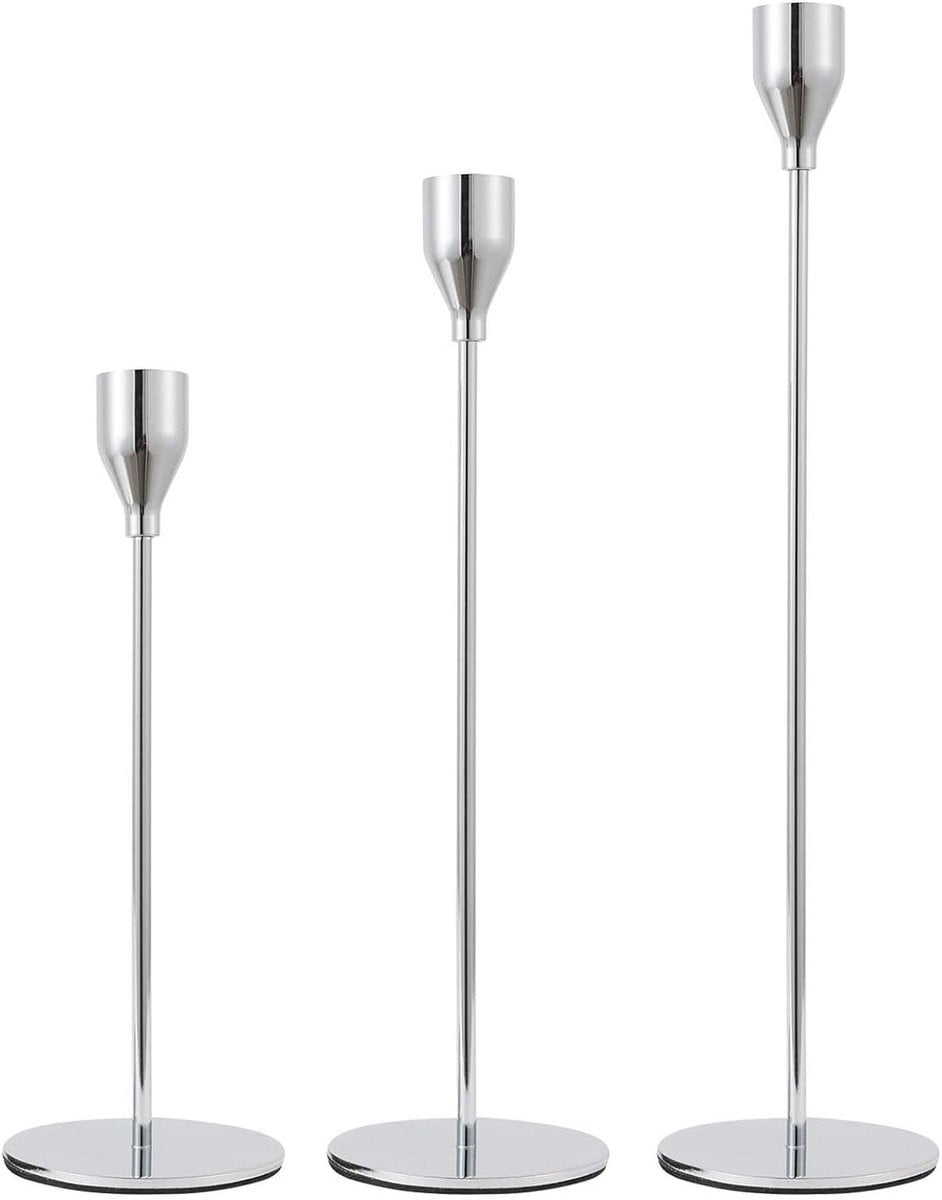 Ibenzoa Elegant zilverkleurige driedelige set kaarsenhouders voor stompkaarsen en kaarsenhouders