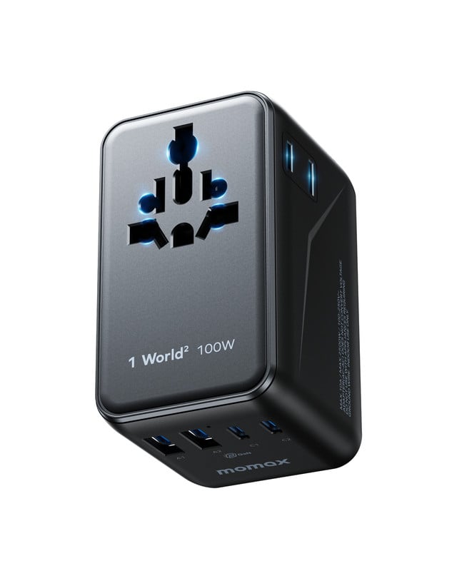 MOMAX 1-World² 100W Mini GaN Universele Reisadapter met Dubbele AC-stopcontacten