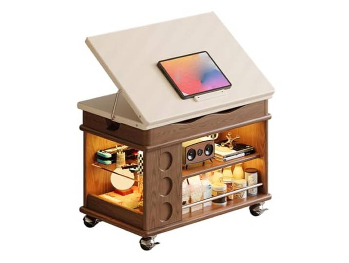 MJJRWF Höhenverstellbarer Couchtisch mit Stauraum und Rollen Drehbar um 180 Grad, Neigbar um 45 Grad, 200 Pfund Tragkraft, Mobiler Beistelltisch(Style4)